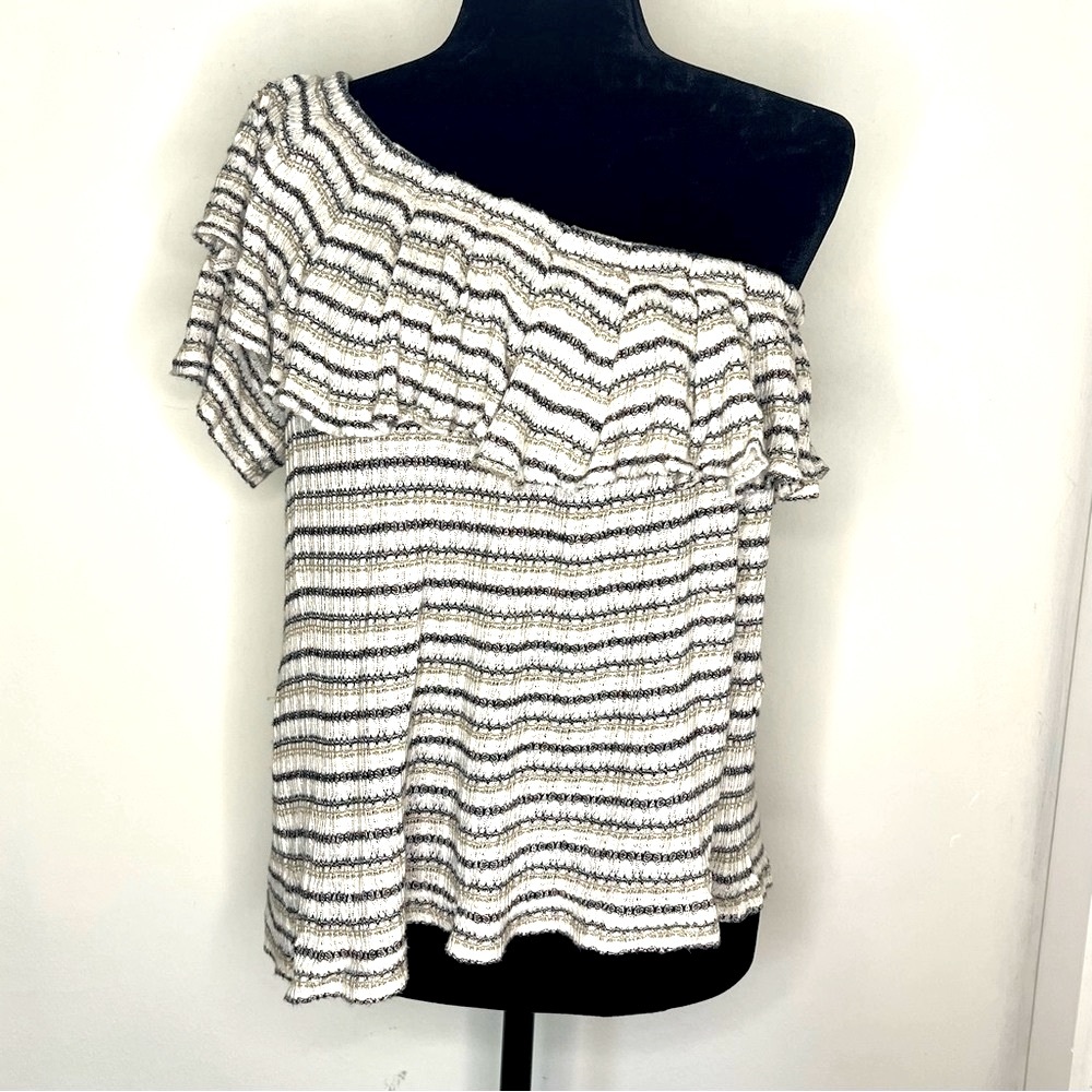 Lucky Brand Ivory Gray Striped Off Shoulder Ruffle Top Medium